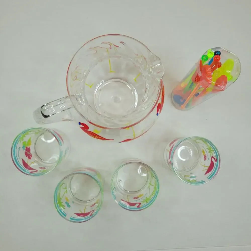 Fun Acrylic Pink Flamingo Pitcher with 4 Cups and 12 Cocktail Stir Sticks Set